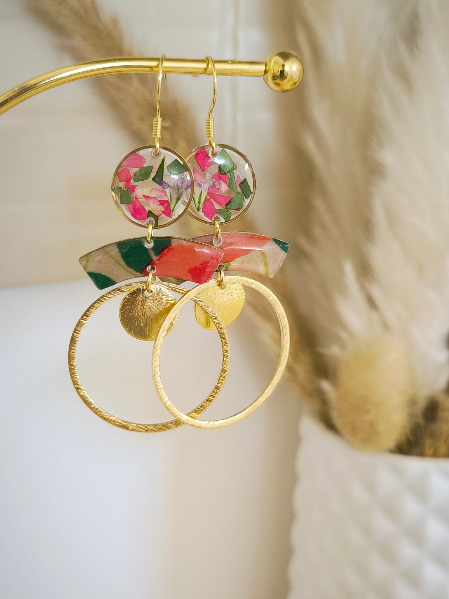 Boucles d'oreilles florales : Eclats de poésie - Vert et rouge