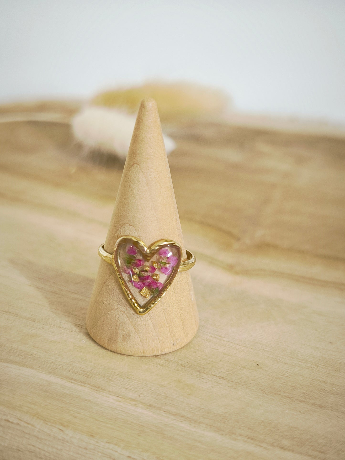 Bague florale coeur : Fleur d'alysse rose