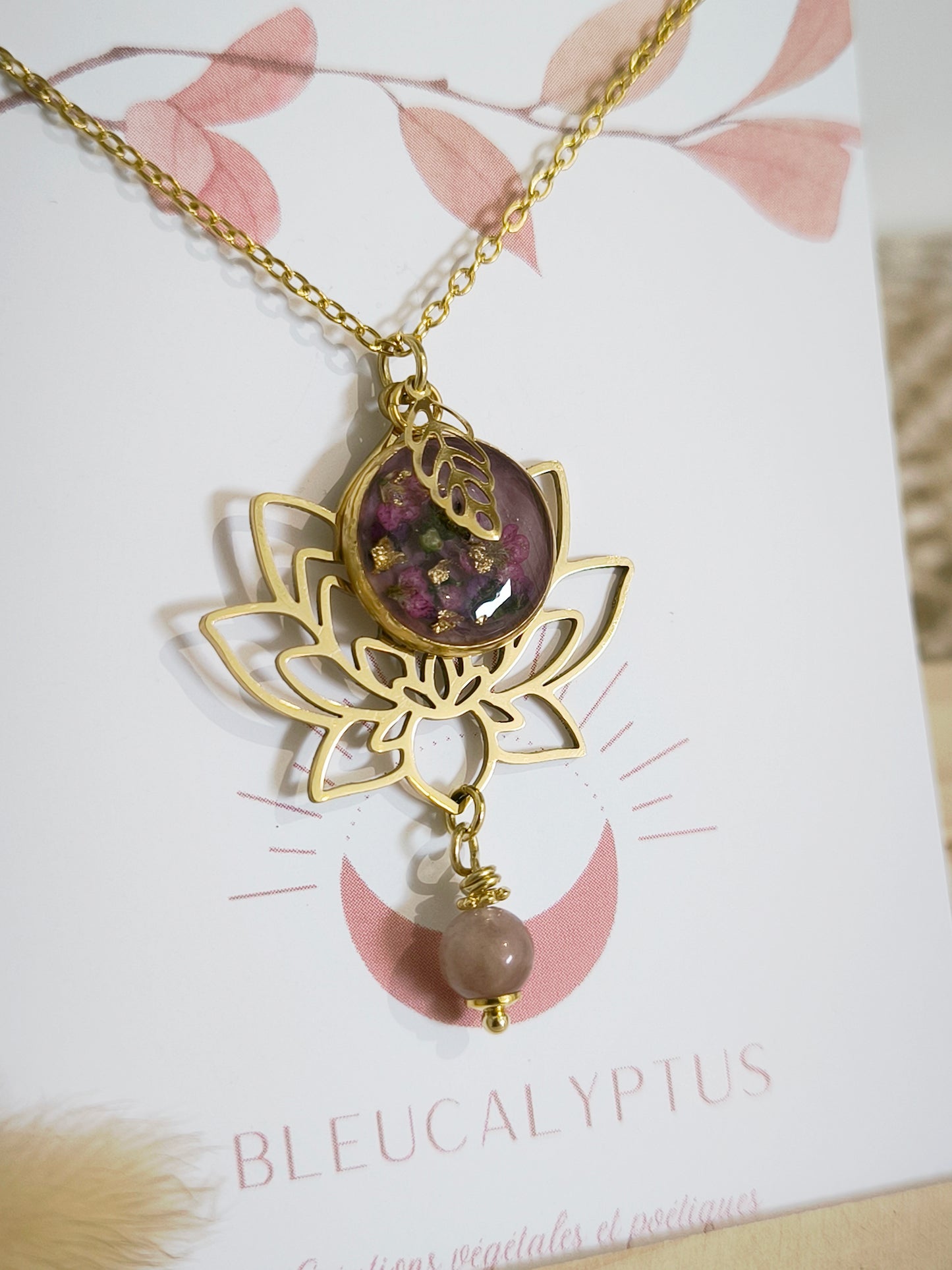 Grand Collier sautoir lotus : violet rose