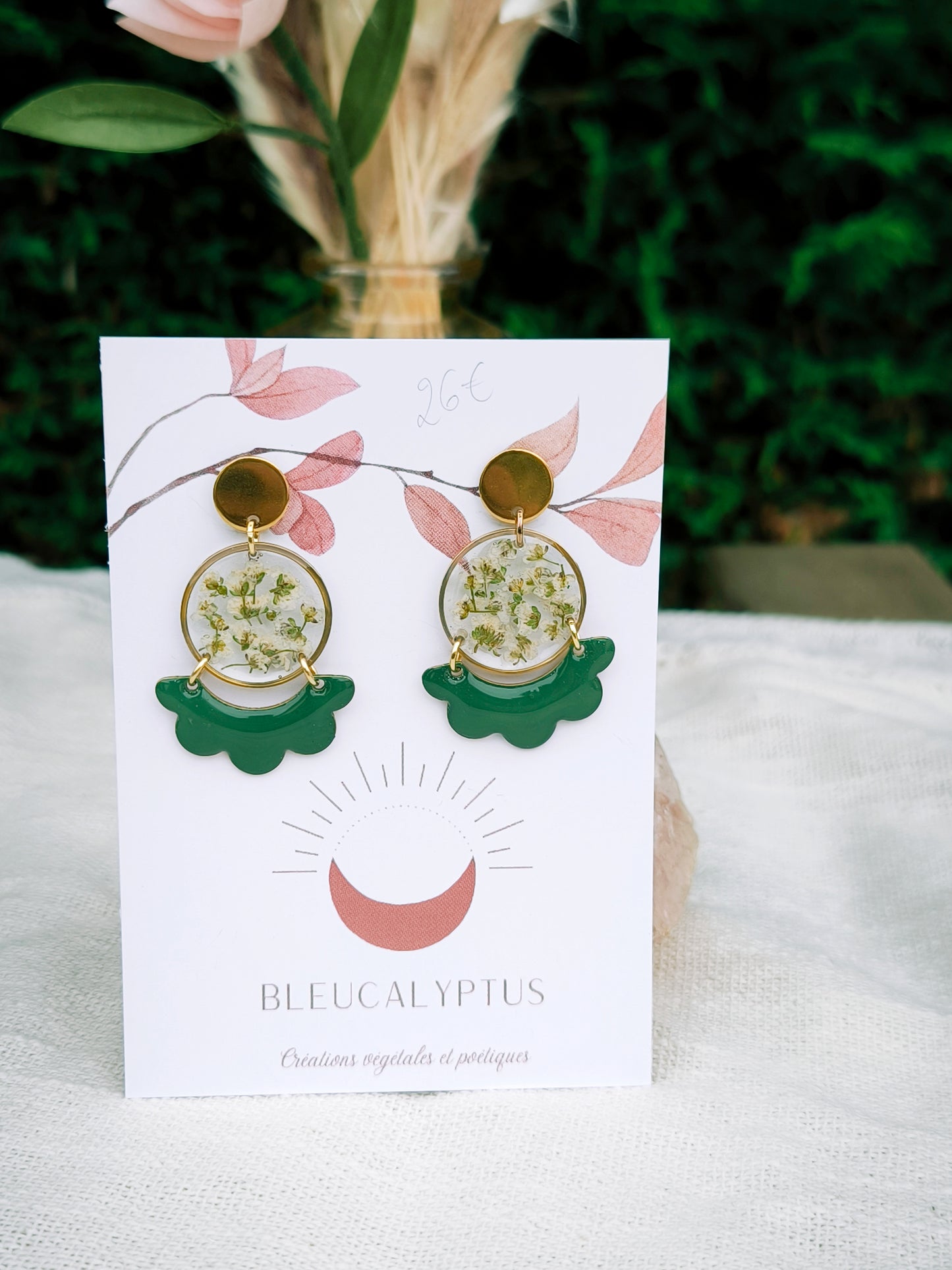 Boucles d'oreilles fleuries résine et émail : Créole florale - verte