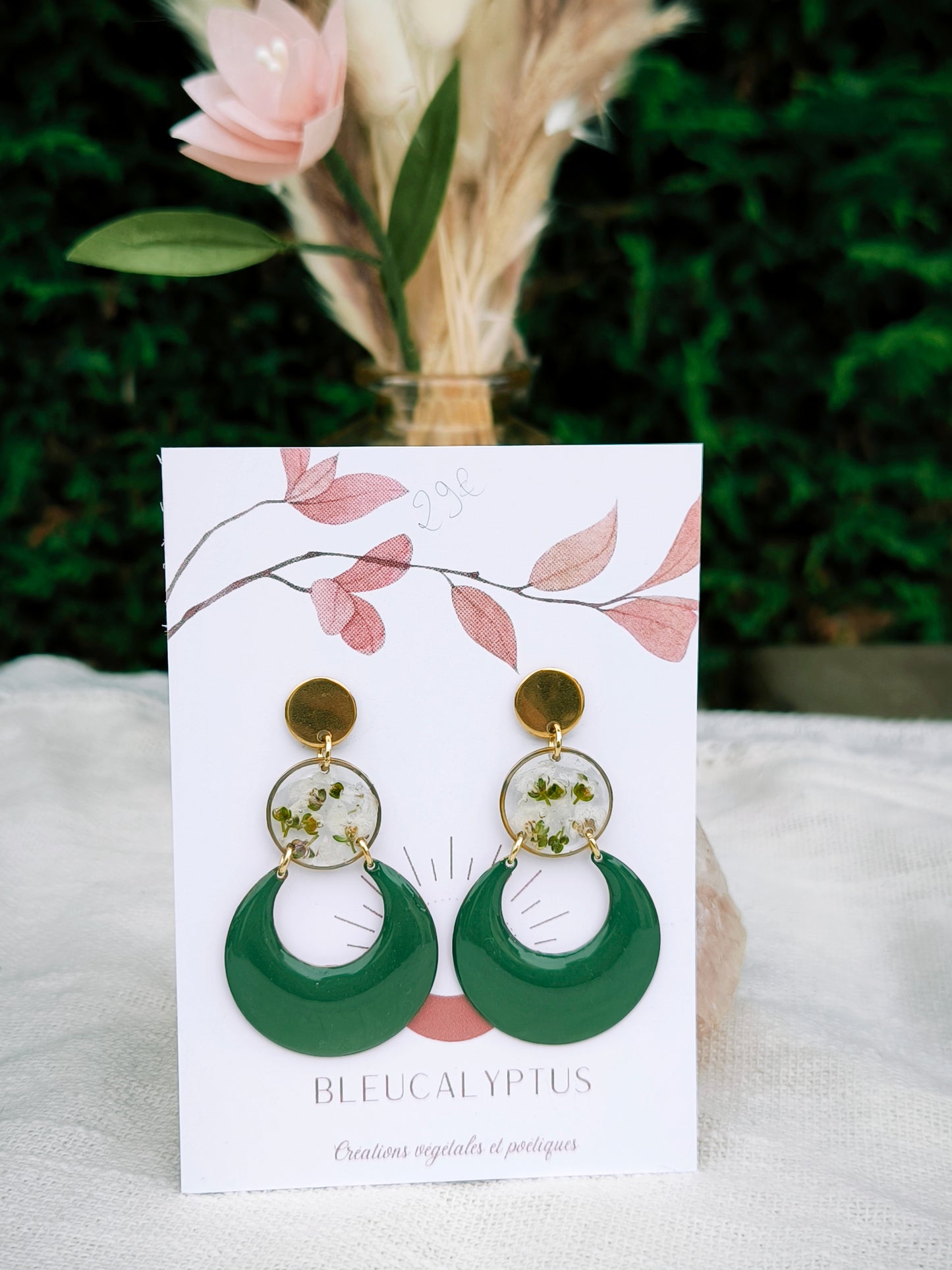 Boucles d'oreilles fleuries résine et émail : Créole verte