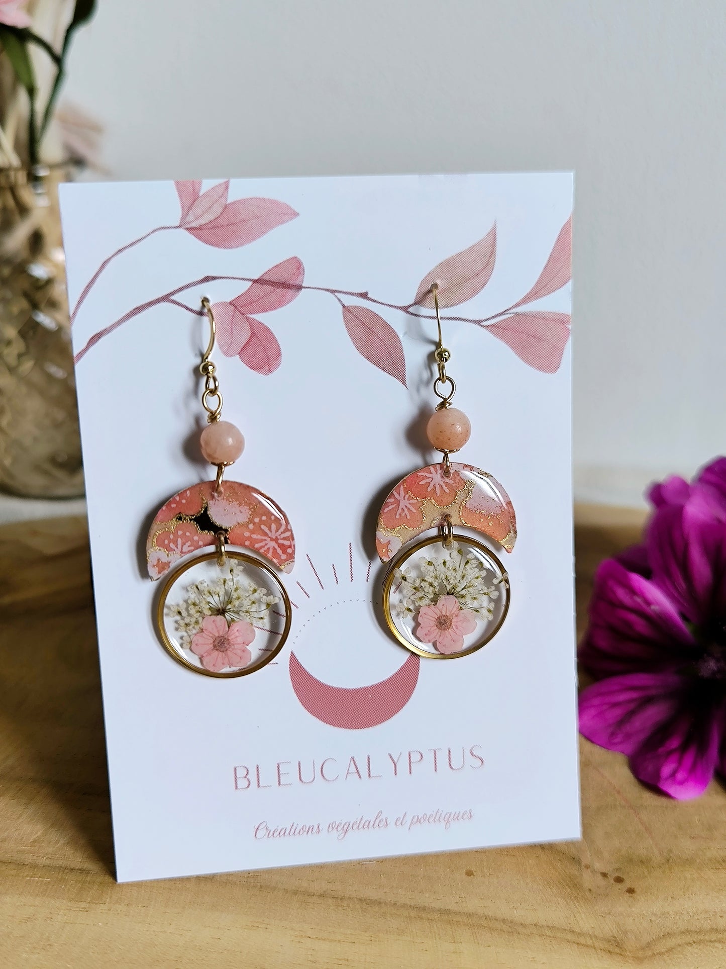 Boucles d'oreilles papier japonais : Lune fleurie