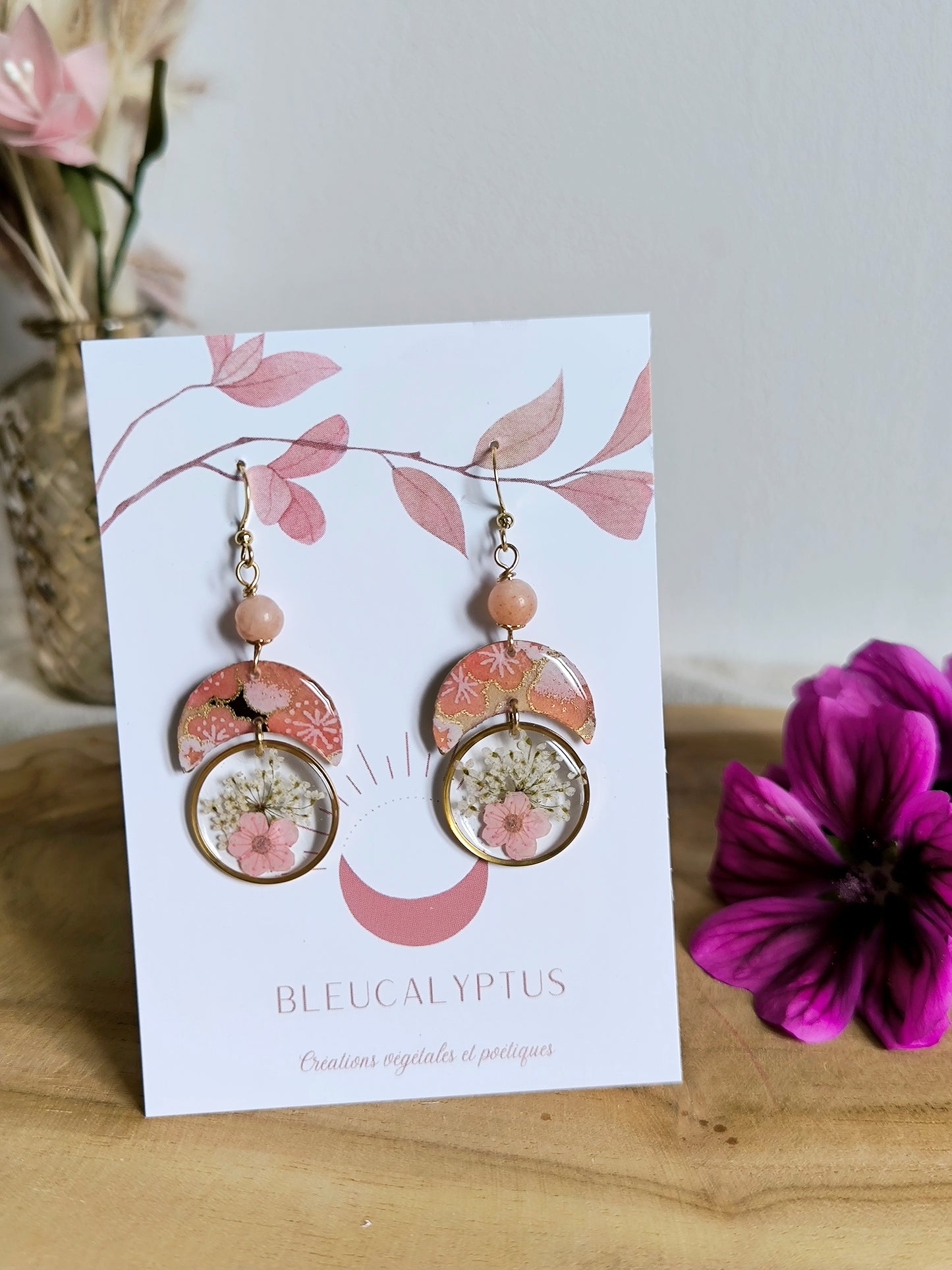 Boucles d'oreilles papier japonais : Lune fleurie