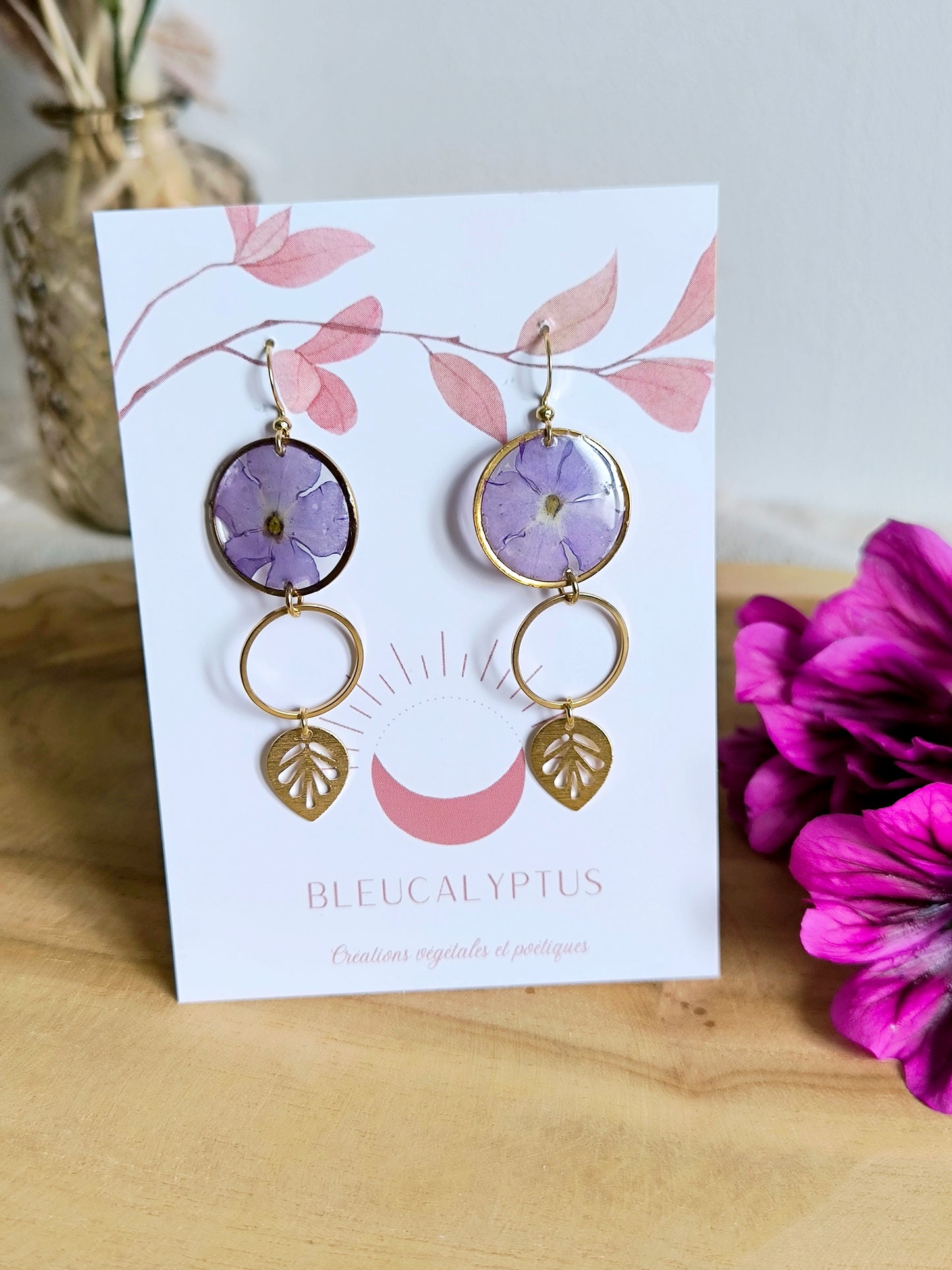 Boucles d'oreilles rondes : Bulle fleurie violette