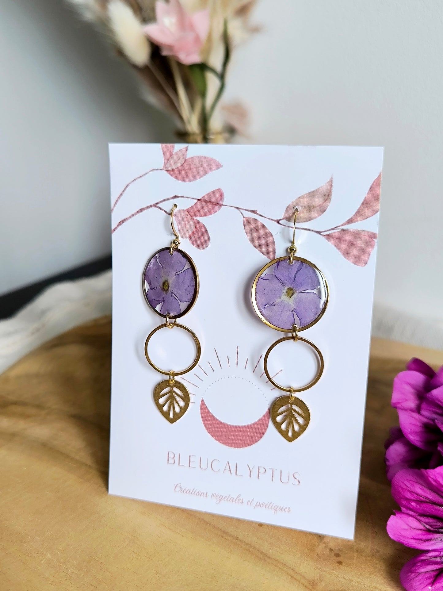 Boucles d'oreilles rondes : Bulle fleurie violette