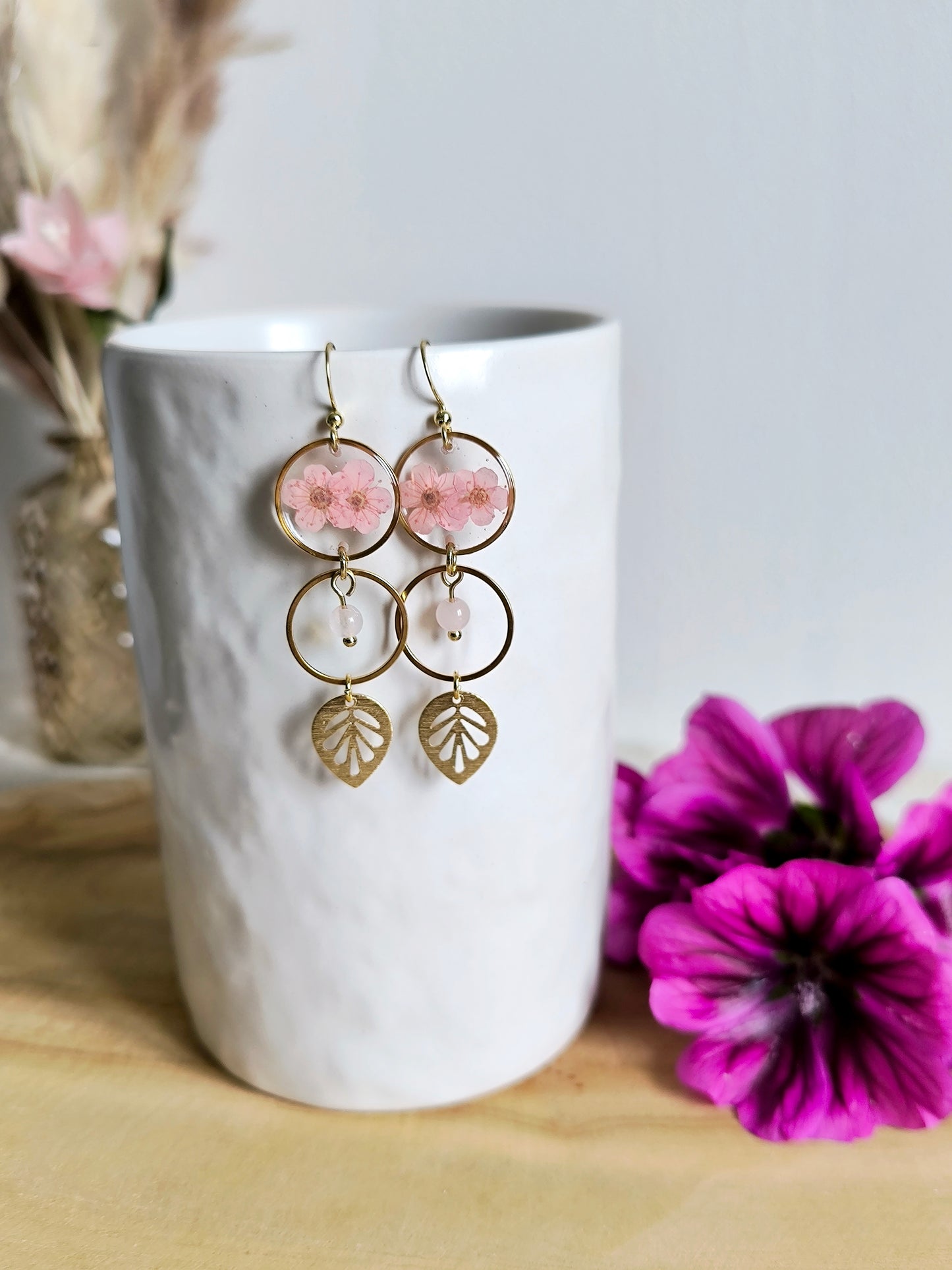 Boucles d'oreilles rondes : Bulle fleurie rose