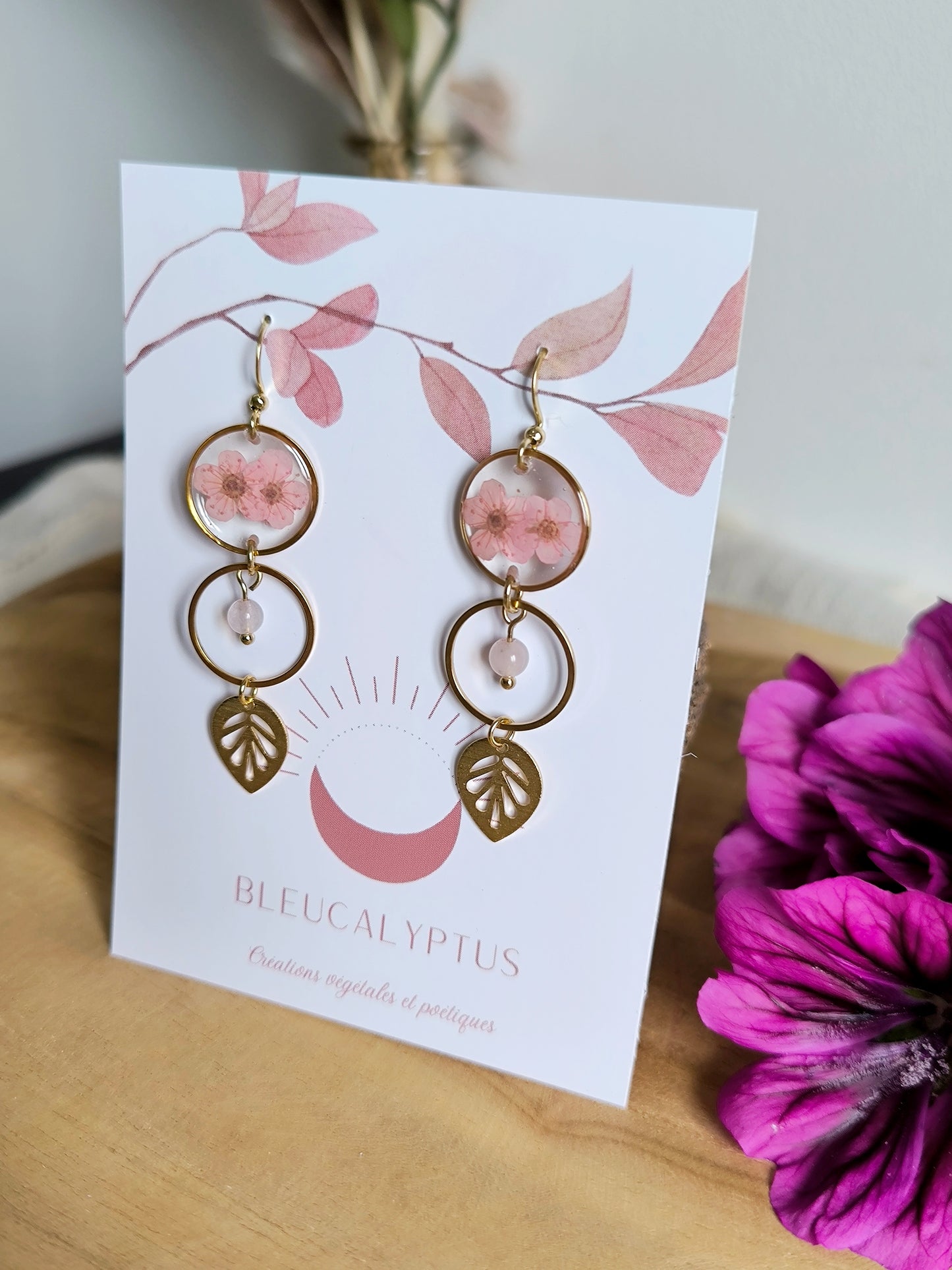 Boucles d'oreilles rondes : Bulle fleurie rose