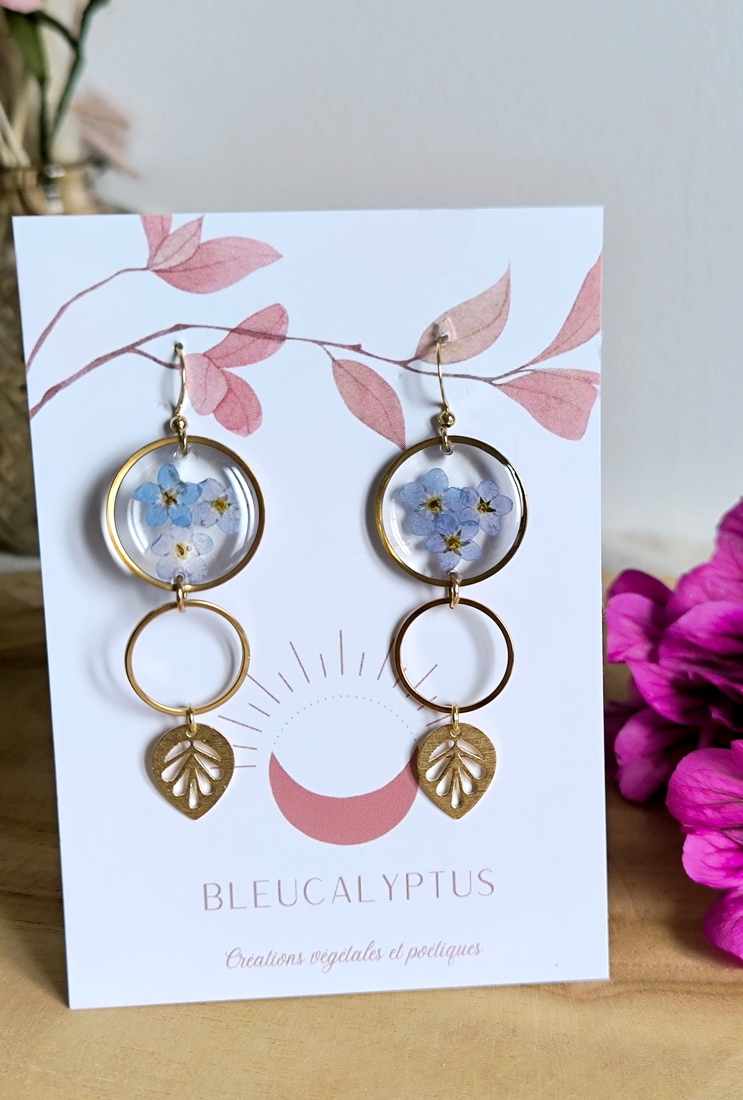Boucles d'oreilles rondes : Bulle fleurie bleue