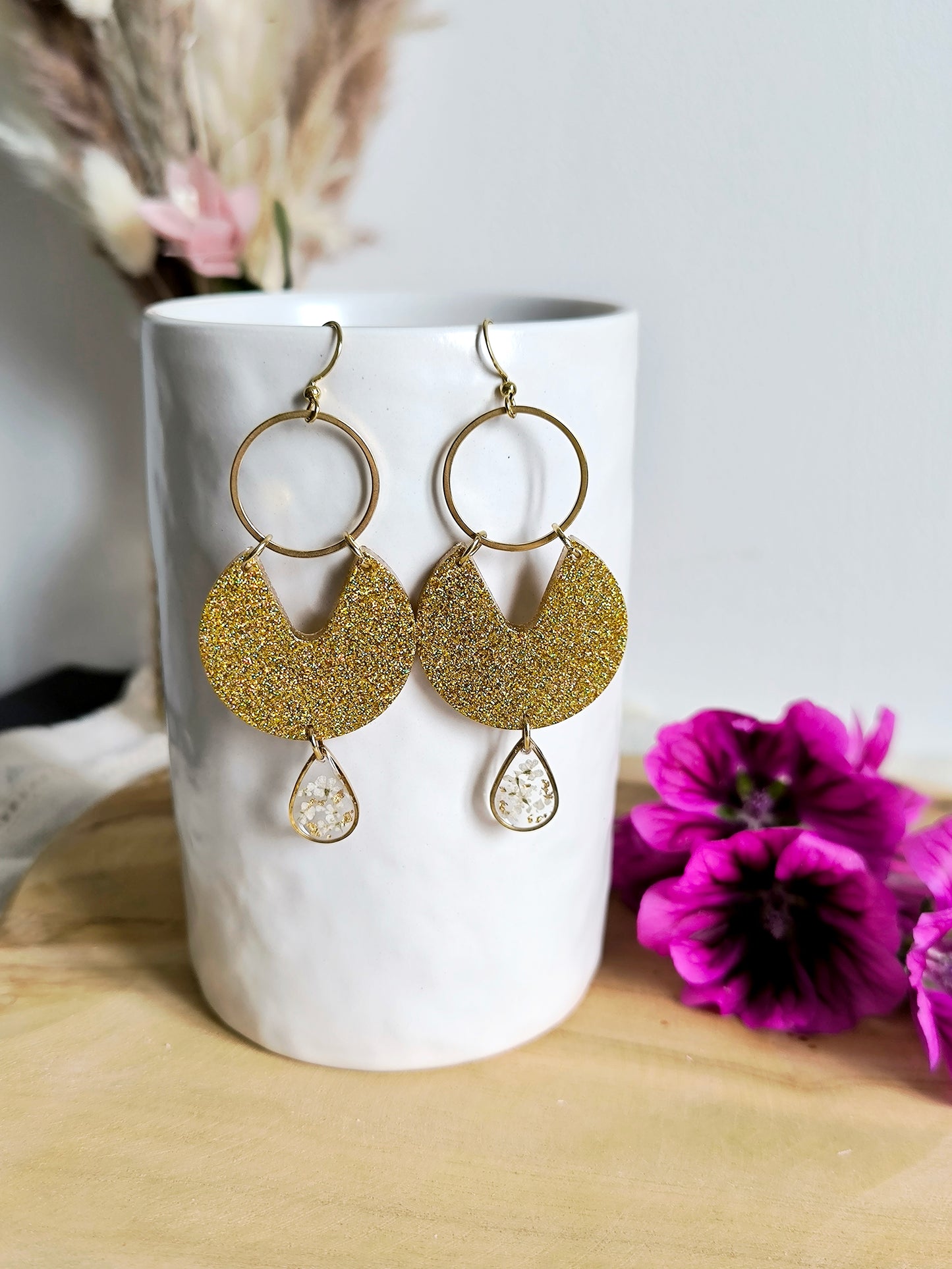Boucles d'oreilles paillettes et fleurs : Bulle d'or