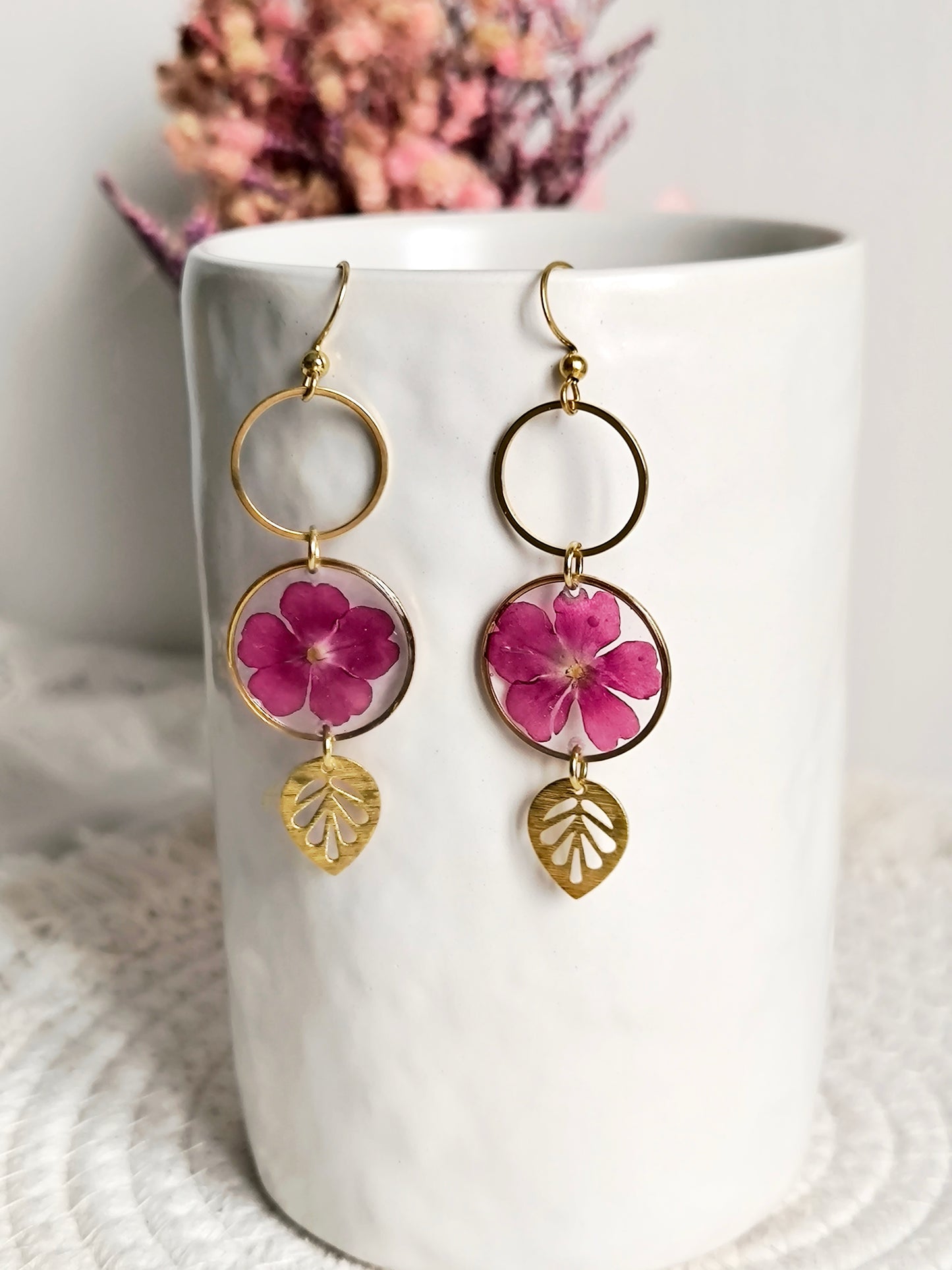 Boucles d'oreilles rondes : Bulle fleurie bordeaux