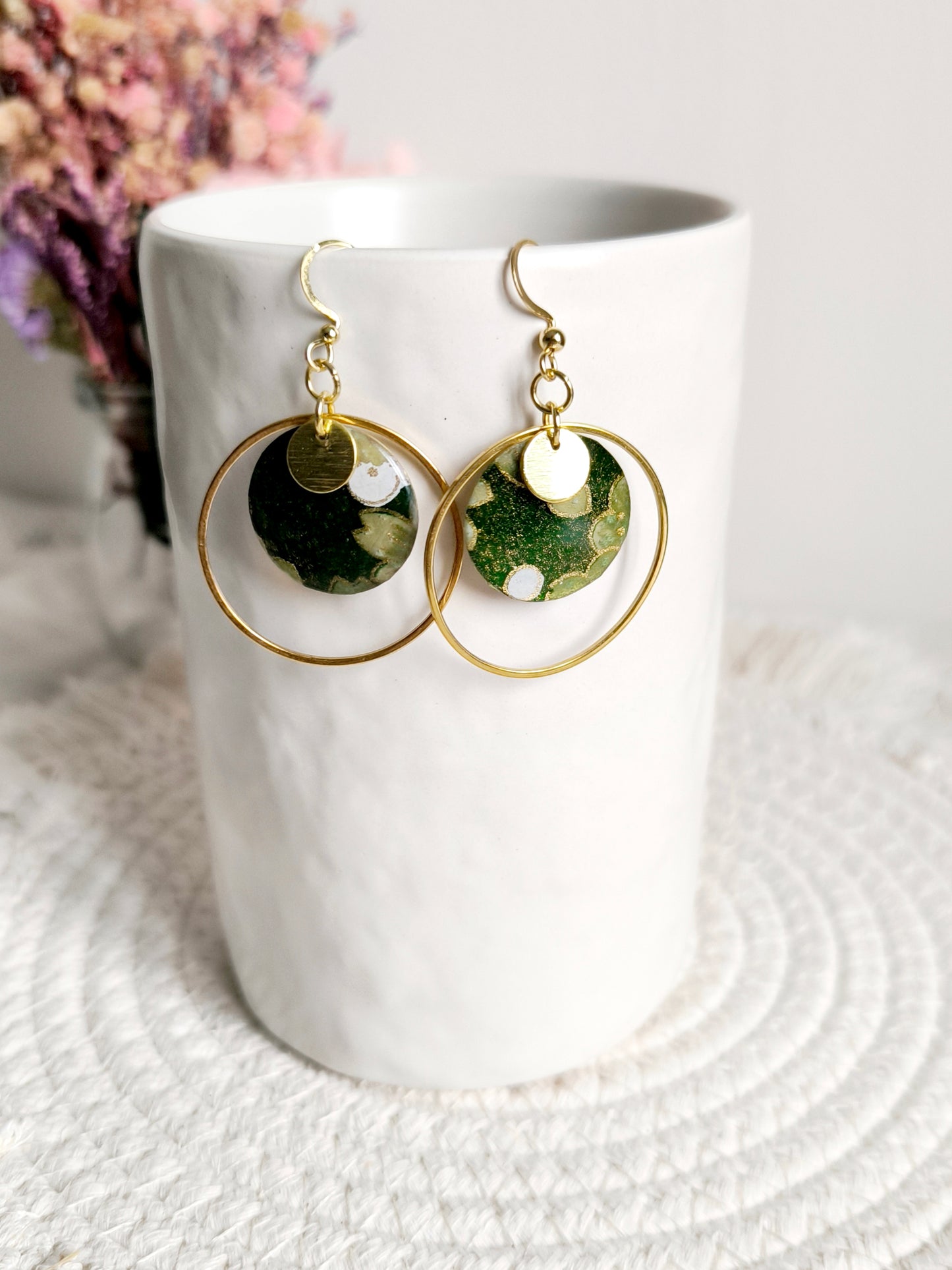 Boucles d'oreilles rondes : Papier Japonais vert