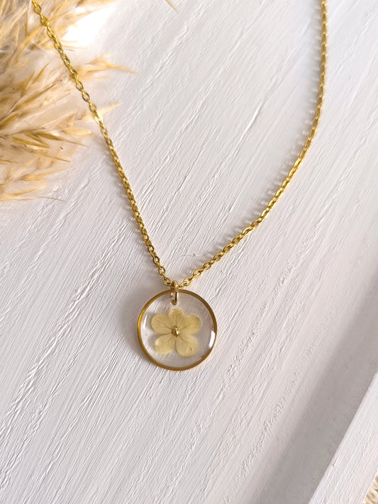 Collier médaillon rond soliflore rempli de fleurs séchées glacées dans une résine transparente.