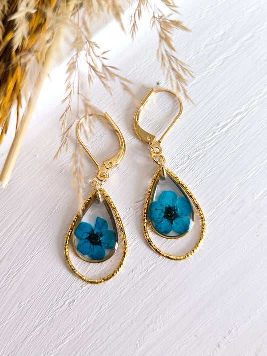 Boucles d'oreilles en forme de goutte, fleur bleue encapsulée dans une résine transparente.