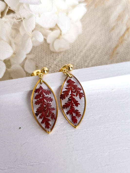 Boucles d'oreilles en forme de navette avec fougère rouge séchée et résine transparente.