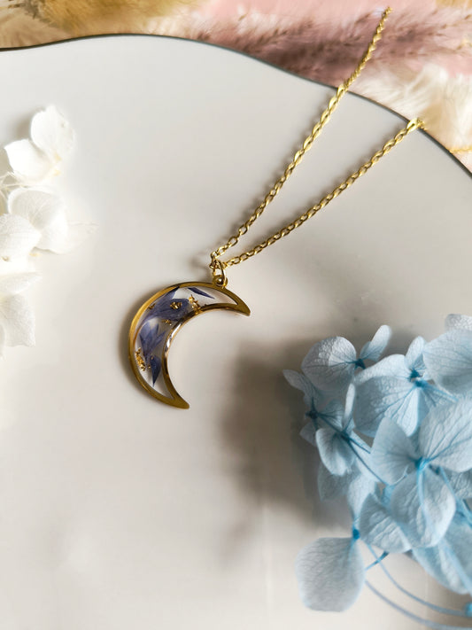 Collier médaillon lune : Mosaïque de bleuet