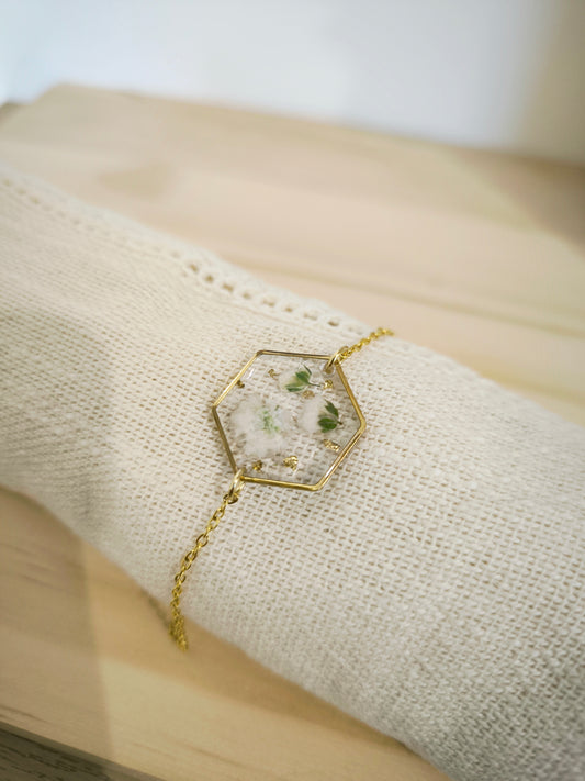 Bracelet médaillon  Hexagone : Gypsophile
