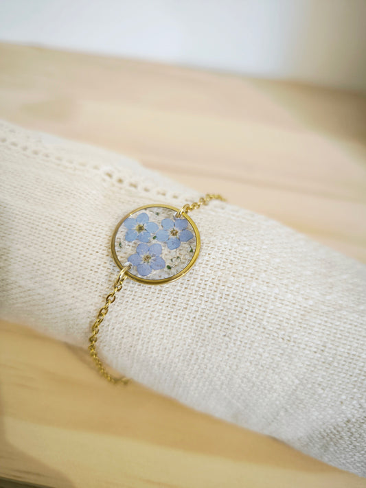 Bracelet médaillon rond : Myosotis et fleur de carotte