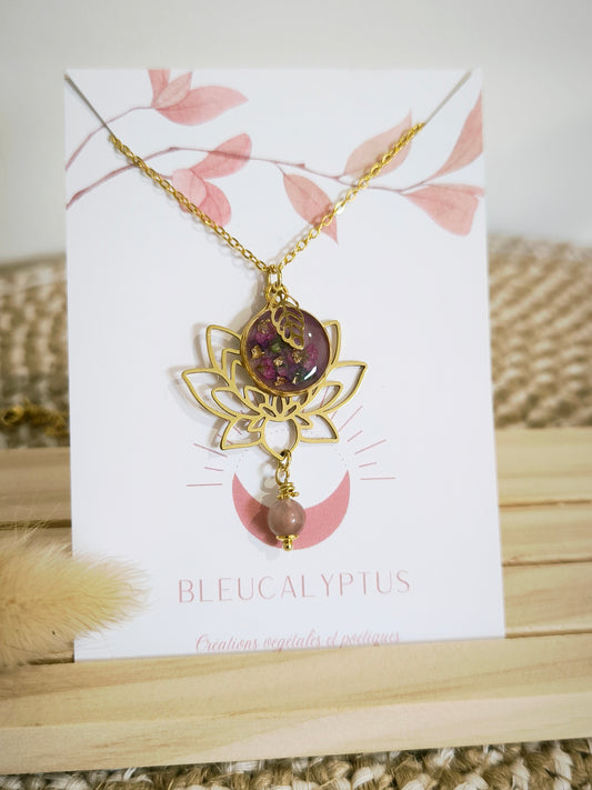 Grand Collier sautoir lotus : violet rose