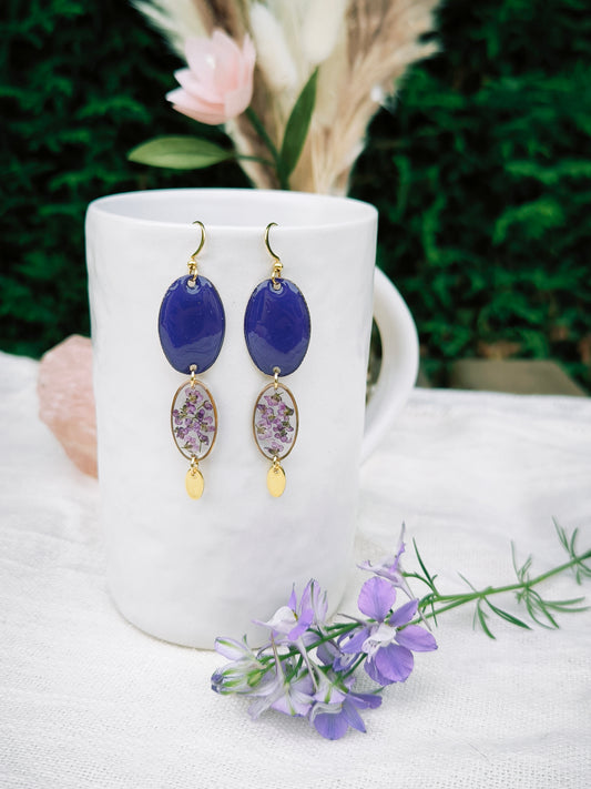Boucles d'oreilles fleuries résine et émail : Ovale Pop - Violet Alysse