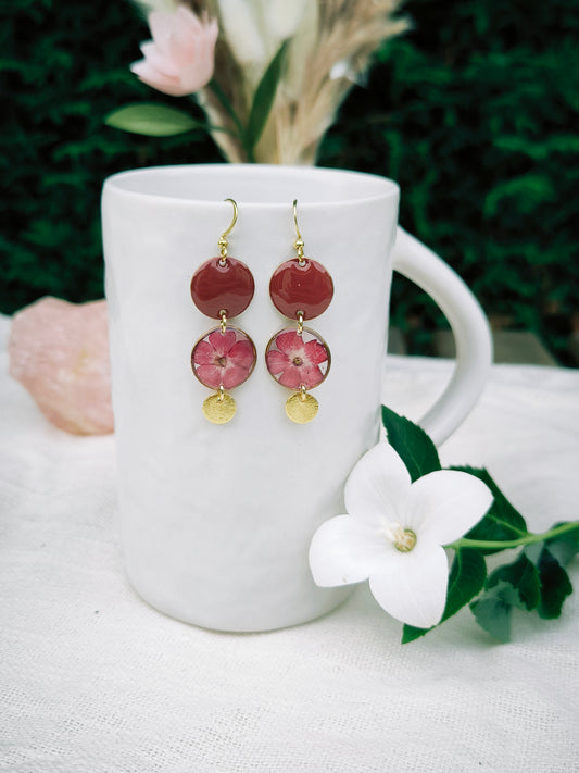 Boucles d'oreilles fleuries résine et émail : Ronde Pop - rouge