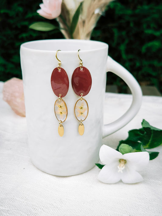 Boucles d'oreilles fleuries résine et émail : Ovale Pop - rouge