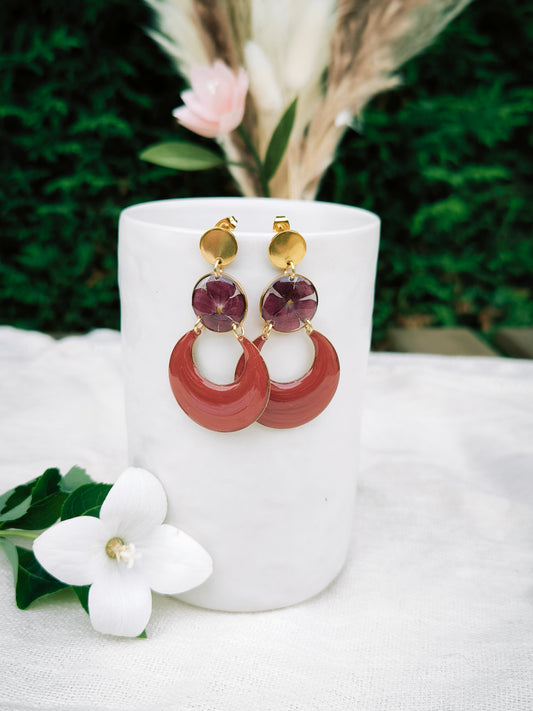 Boucles d'oreilles fleuries résine et émail : Créole rouge