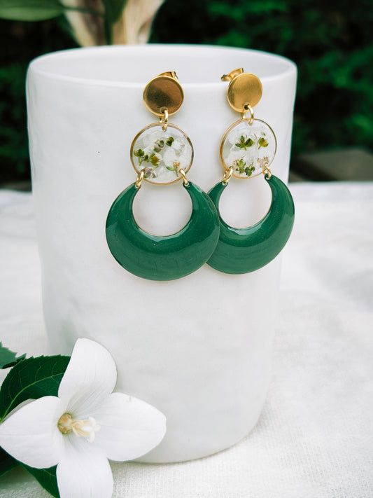 Boucles d'oreilles fleuries résine et émail : Créole verte