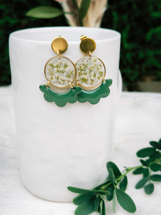 Boucles d'oreilles fleuries résine et émail : Créole florale - verte