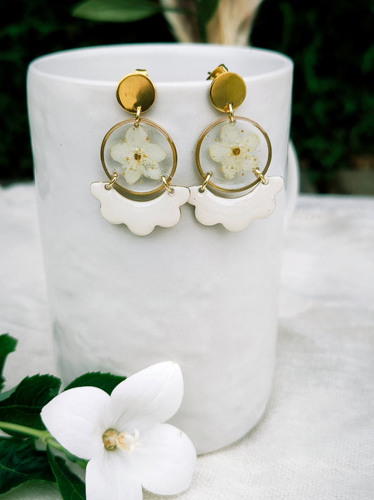 Boucles d'oreilles fleuries résine et émail : Créole florale - beige