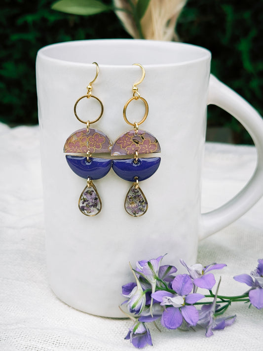 Boucles d'oreilles fleuries résine et émail : Géométrique : violette