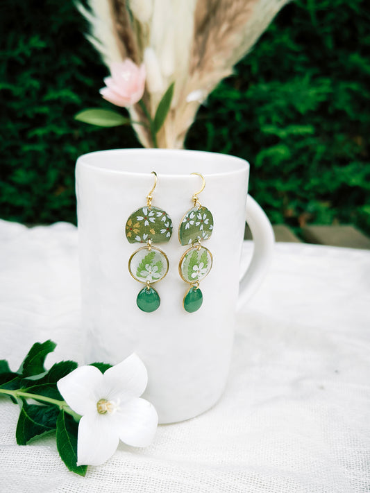 Boucles d'oreilles fleuries résine et émail : Médusa : Verte