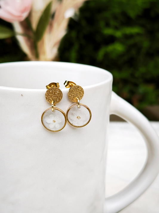 Mini Boucles d'oreilles florales : Myosotis blanc rond