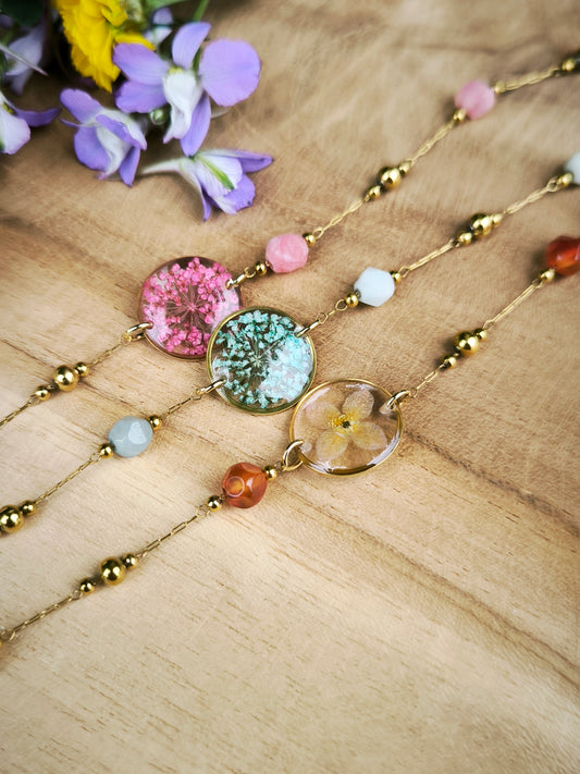 Bracelet médaillon rond : Fleurs et pierres - divers coloris