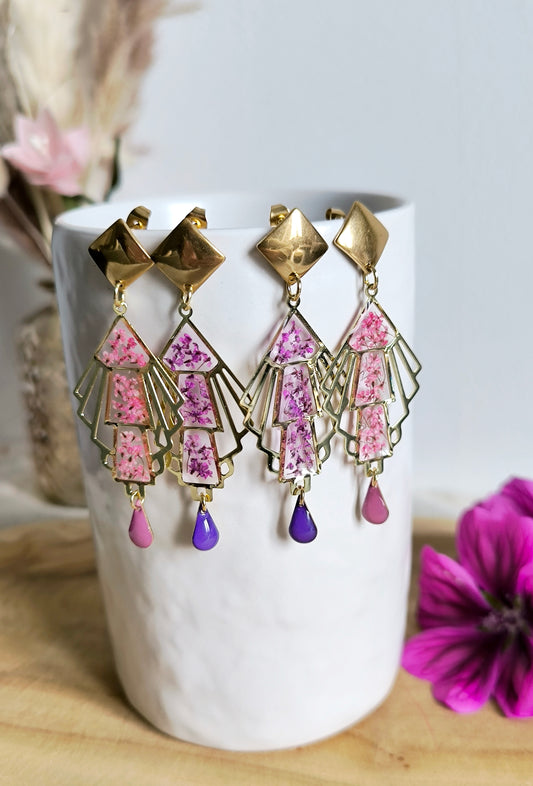 Boucles d'oreilles fleuries résine et émail : Eventail baroque