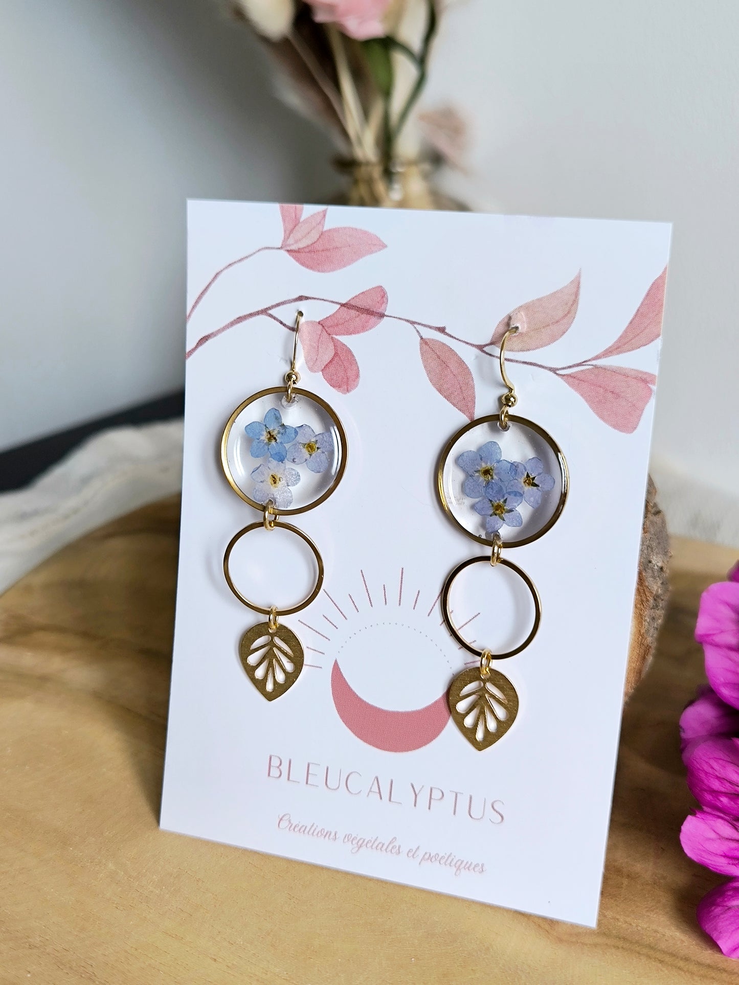 Boucles d'oreilles rondes : Bulle fleurie bleue