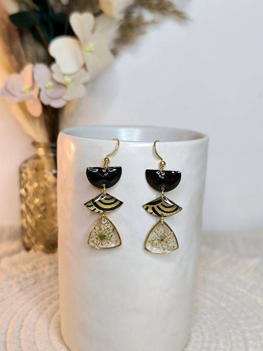 Boucles d'oreilles florales : Petit éventail : Or noir
