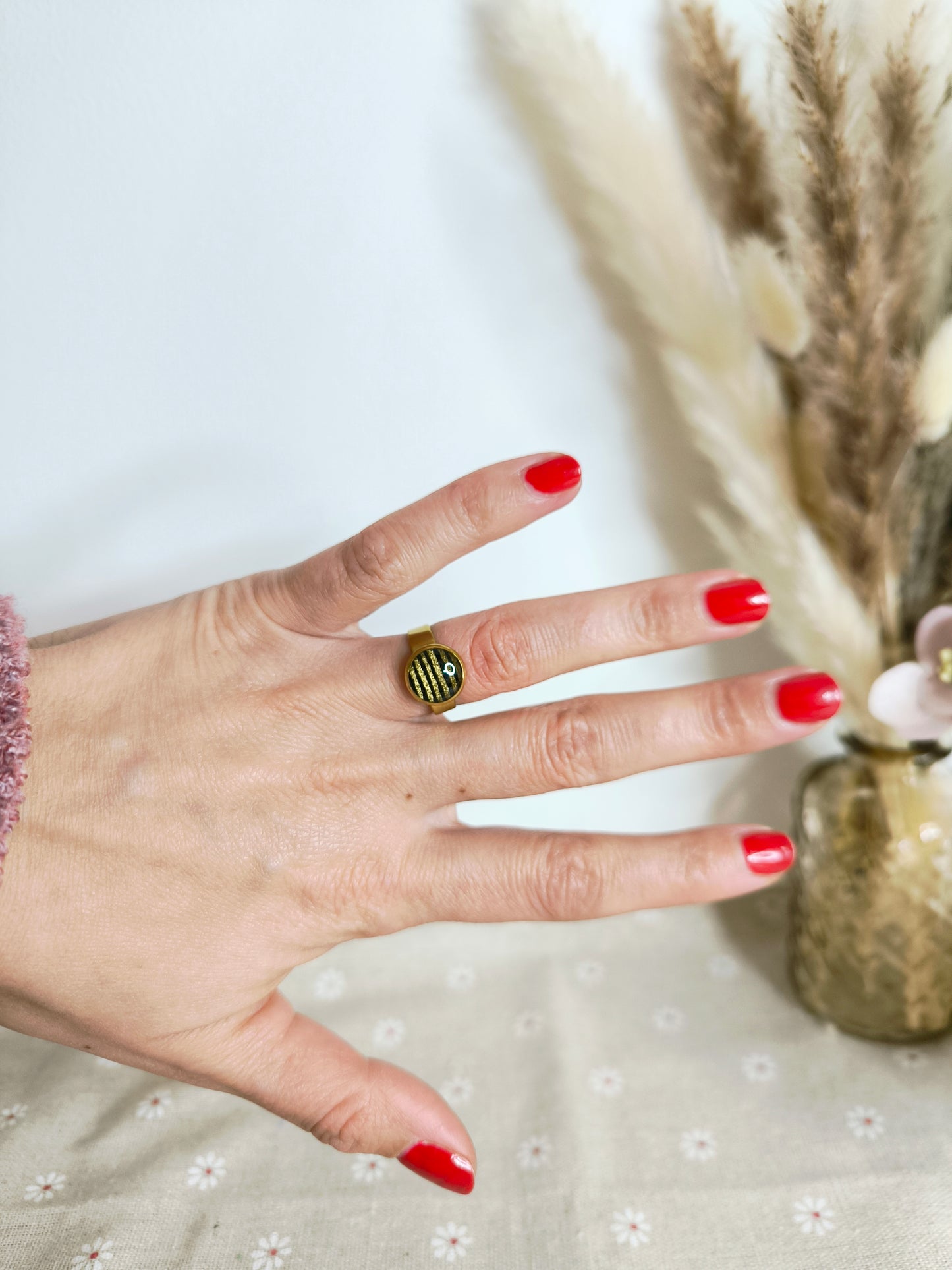 Bague florale japonisante : Noir