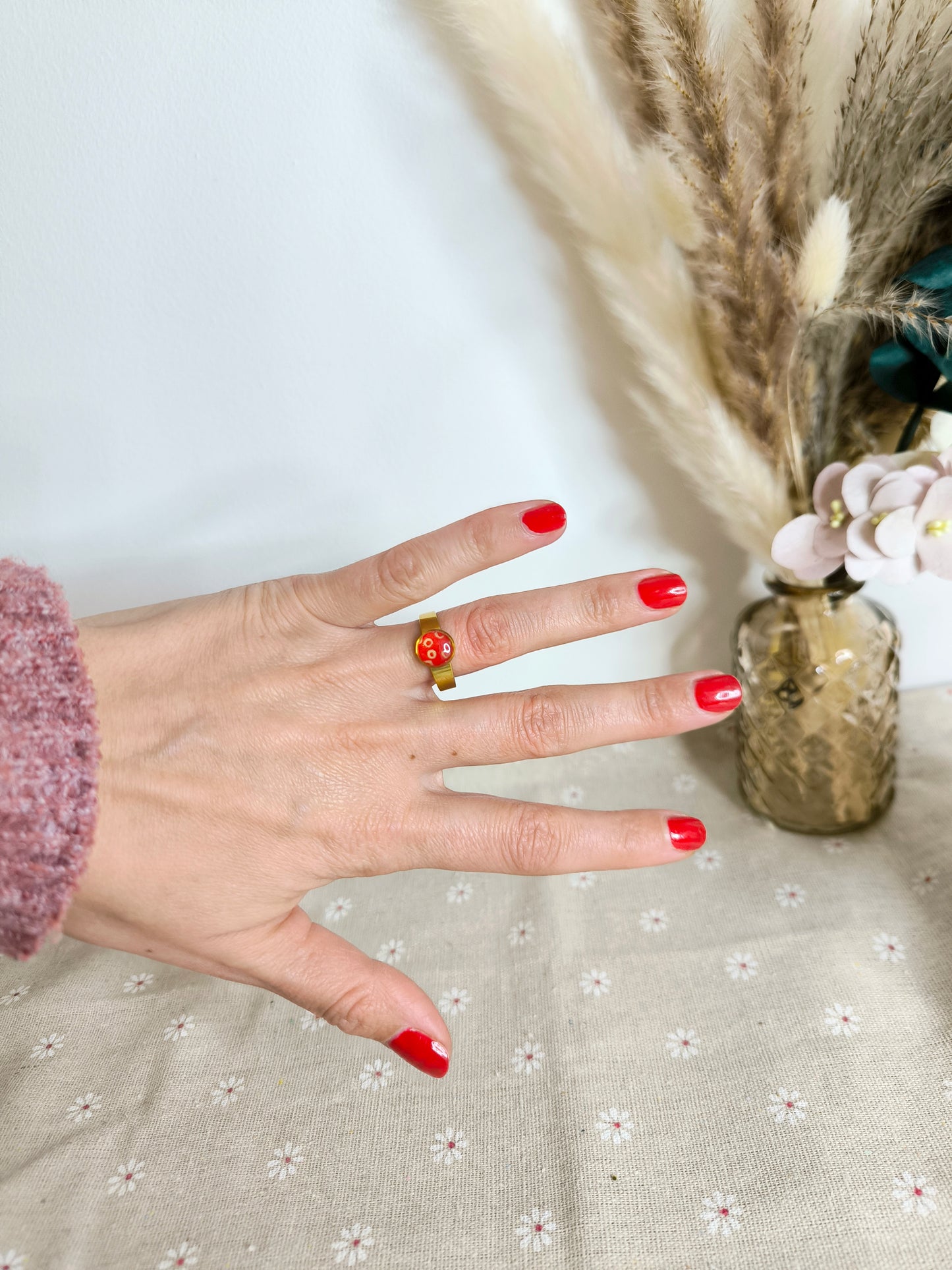 Bague florale japonisante : Rouge