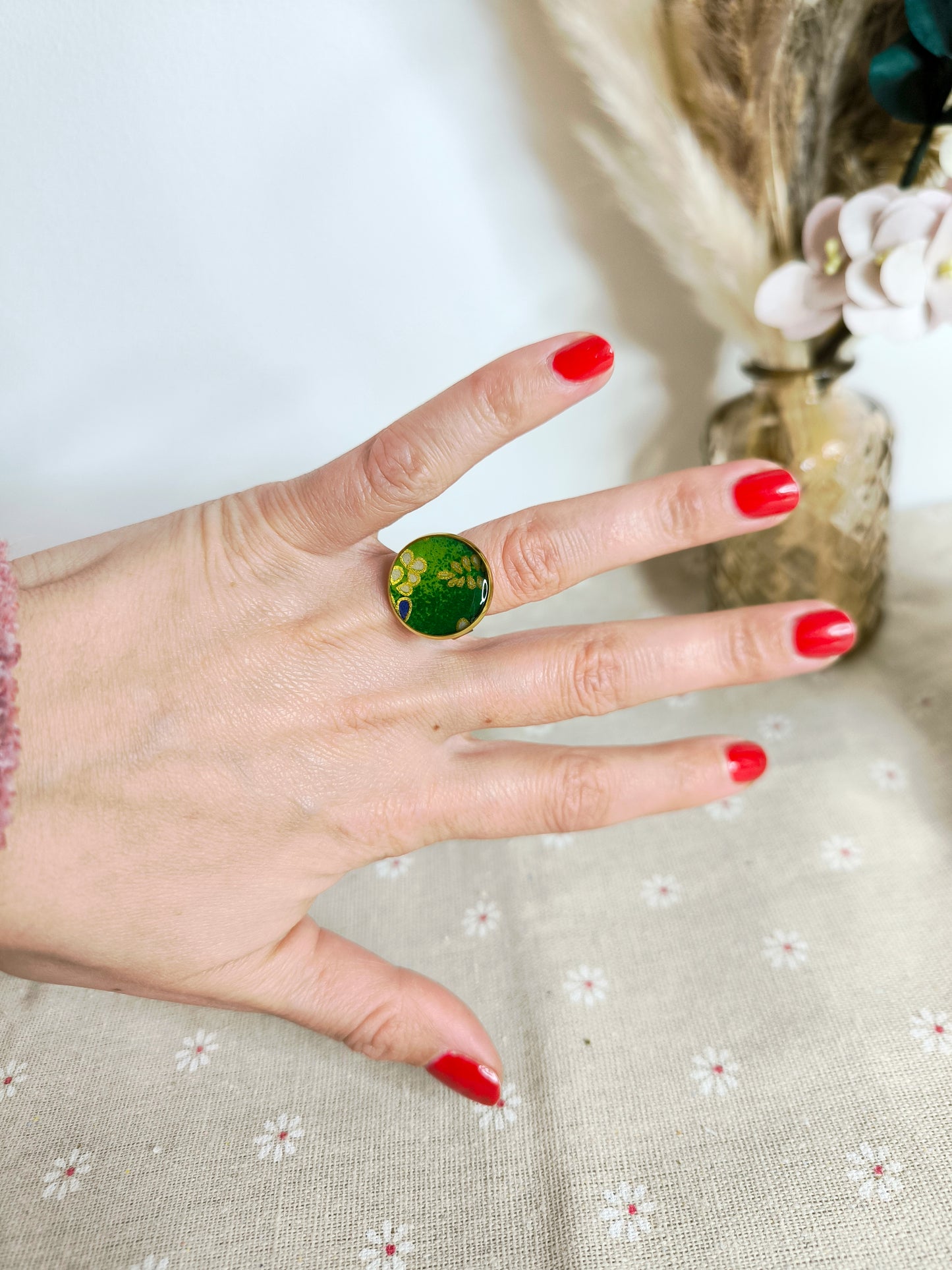 Bague florale japonisante : Vert