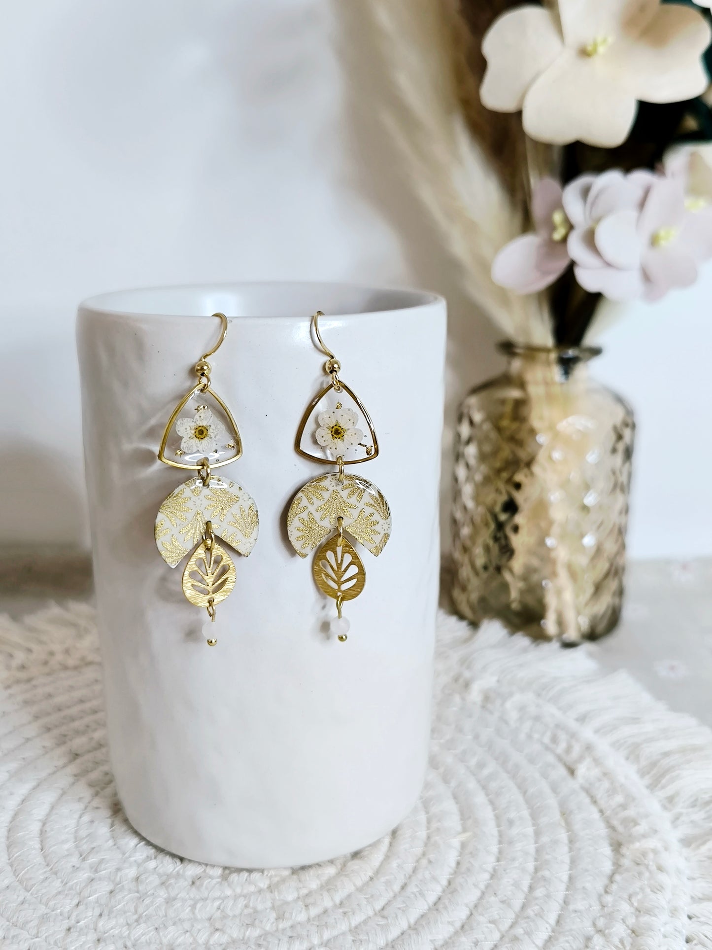 Boucles d'oreilles florales : Eventail du soleil Ivoire