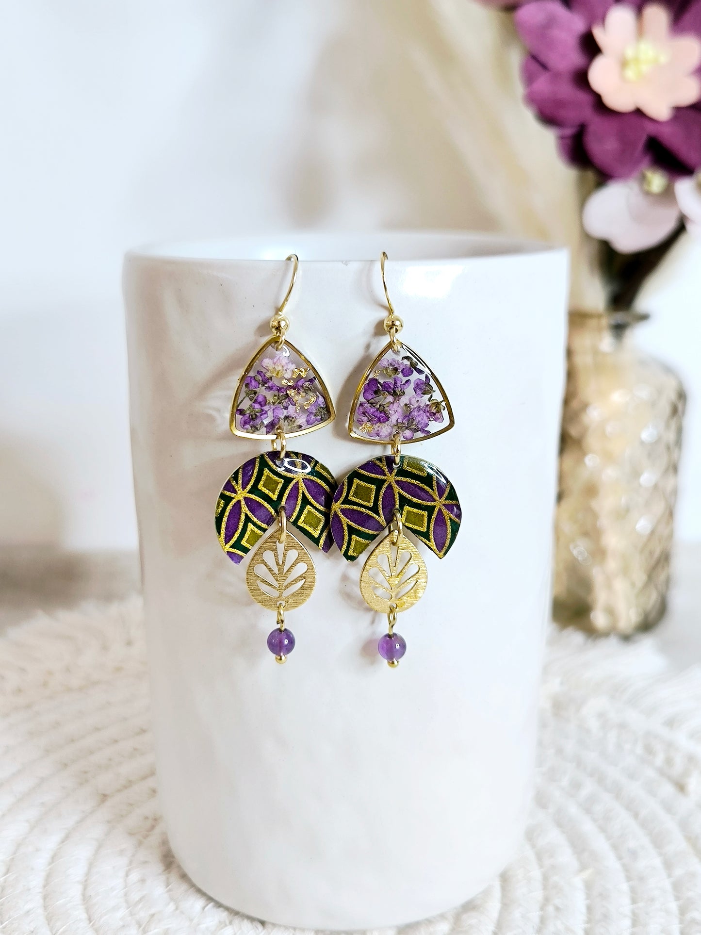 Boucles d'oreilles florales : Eventail du soleil violet