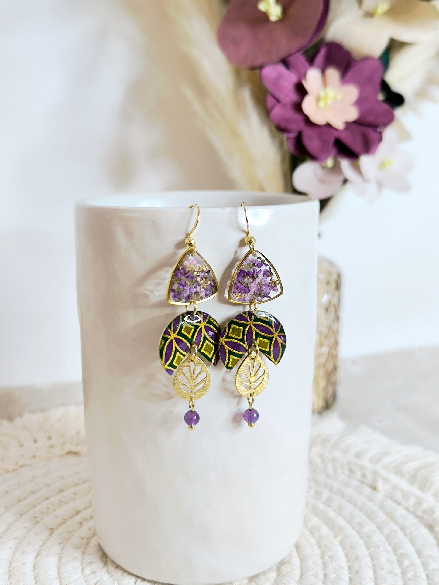 Boucles d'oreilles florales : Eventail du soleil violet