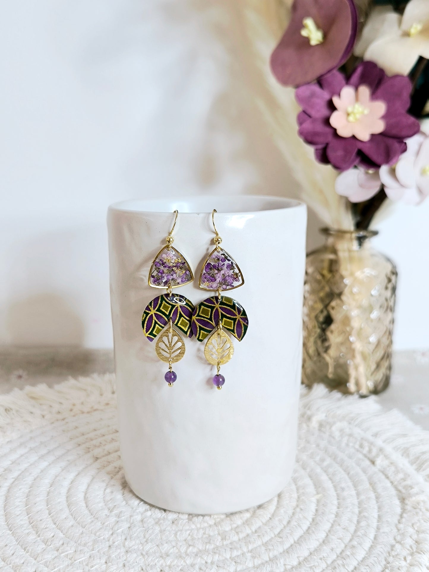 Boucles d'oreilles florales : Eventail du soleil violet