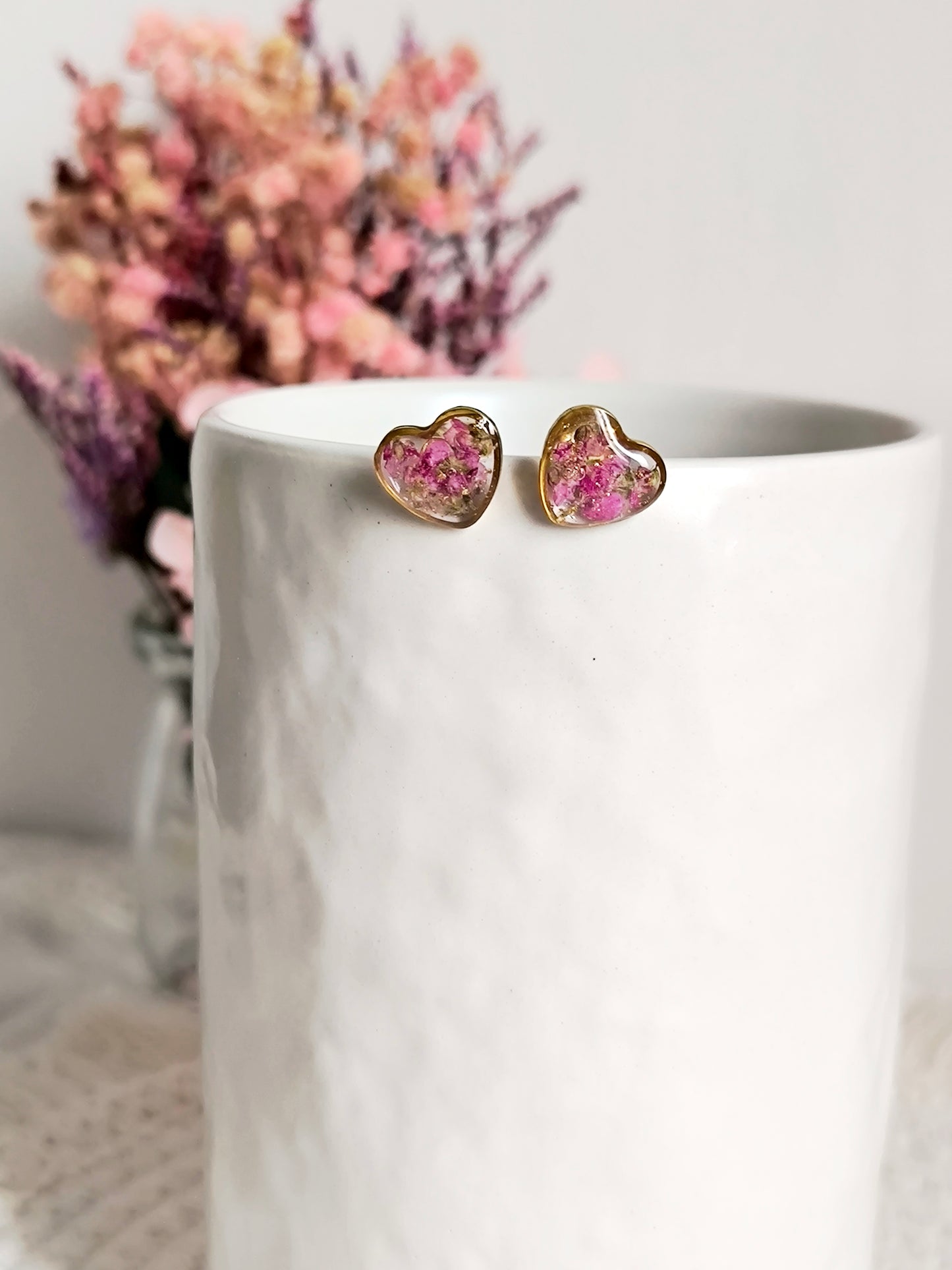 Boucles d'oreilles puces  : Cœur rose