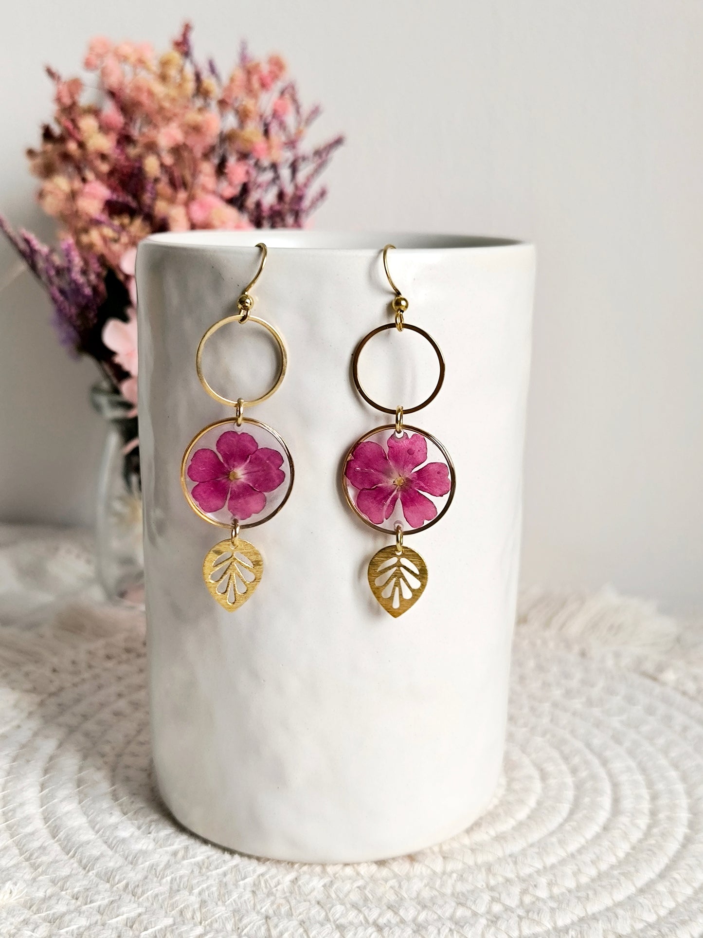 Boucles d'oreilles rondes : Bulle fleurie bordeaux