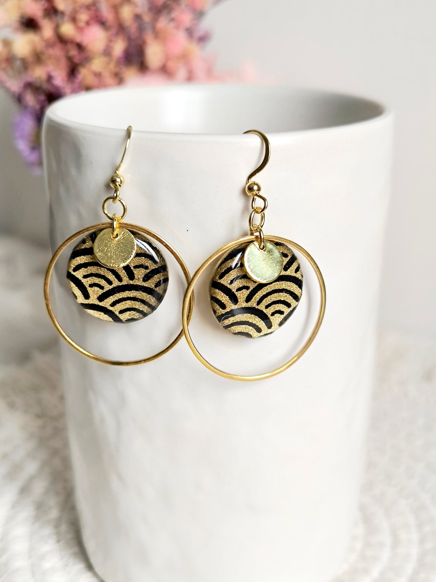 Boucles d'oreilles rondes : Papier Japonais Or noir