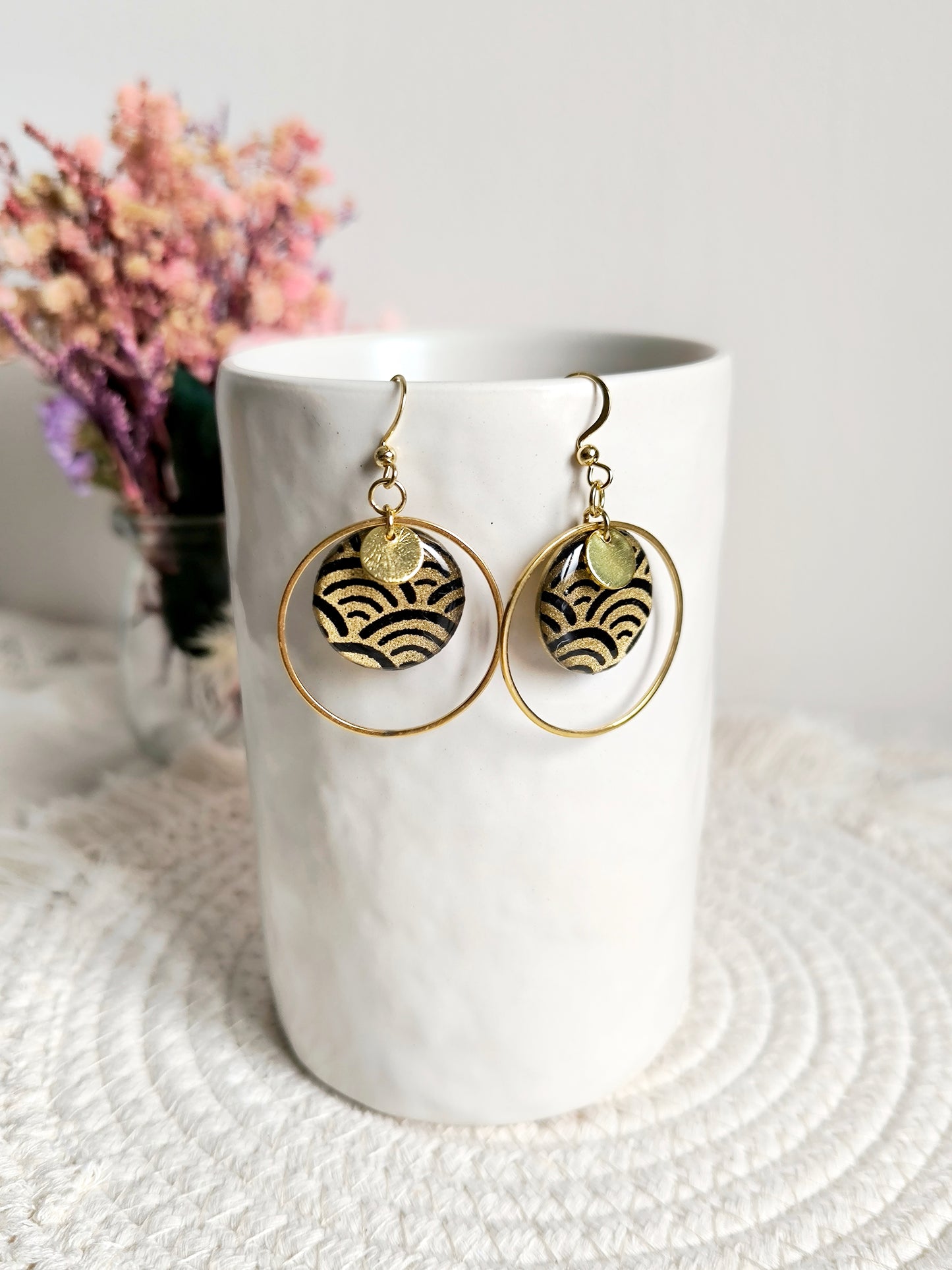 Boucles d'oreilles rondes : Papier Japonais Or noir