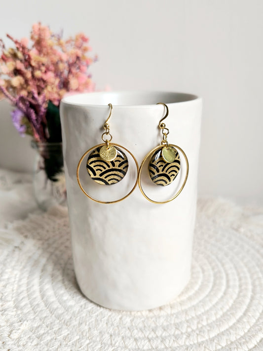 Boucles d'oreilles rondes : Papier Japonais Or noir