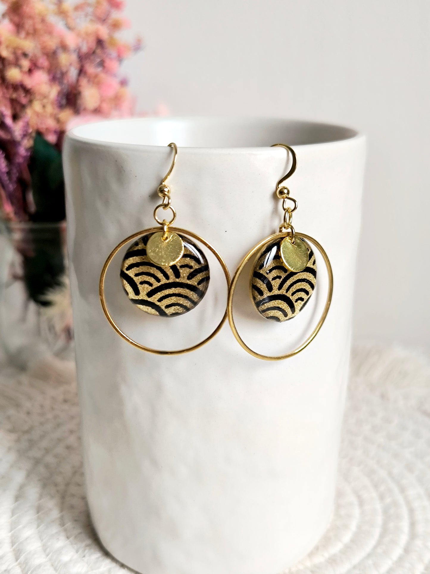 Boucles d'oreilles rondes : Papier Japonais Or noir