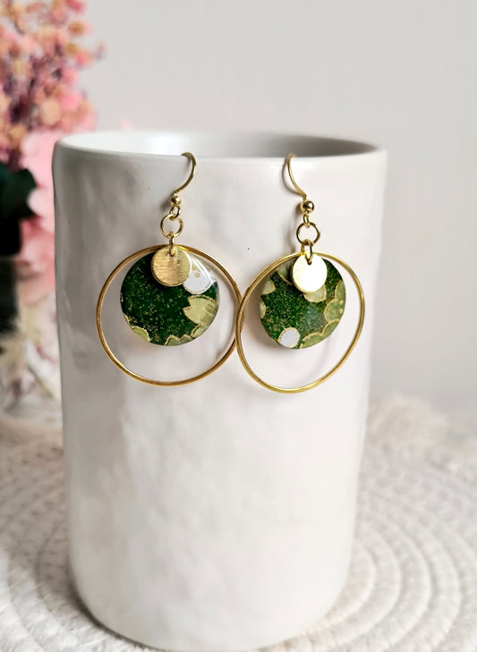 Boucles d'oreilles rondes : Papier Japonais vert
